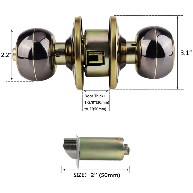 Customized 70mm Zinc Alloy Polished Brass Antique Door Knobs Lock Key Interior Bedroom Privacy Ball Door Lock Adjustable Latch