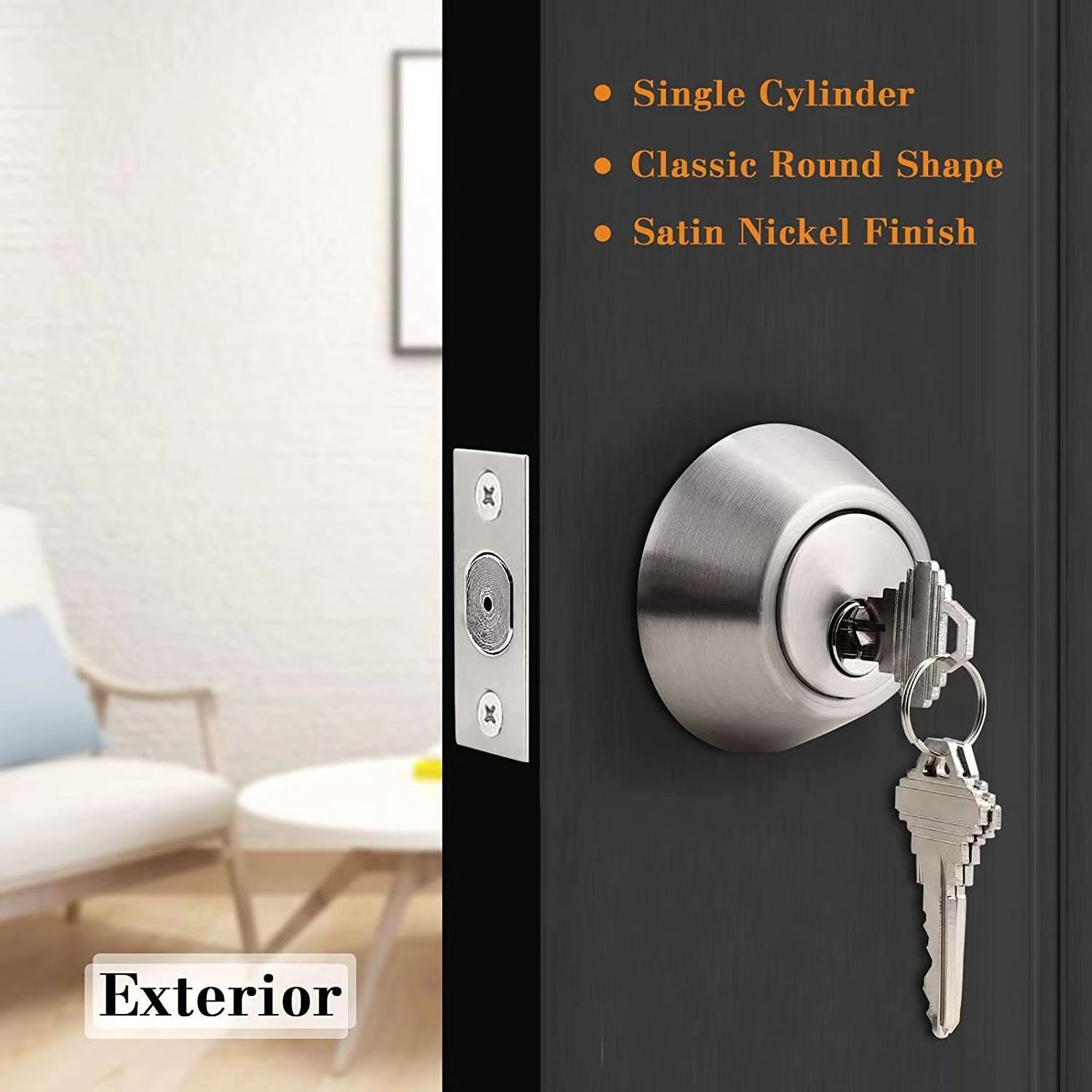 High Quality Brushed Satin Nickel round Deadbolt Lock One Side Keyed Cylinder Steel Door Lock for Wood Doors Knob Unlock Way