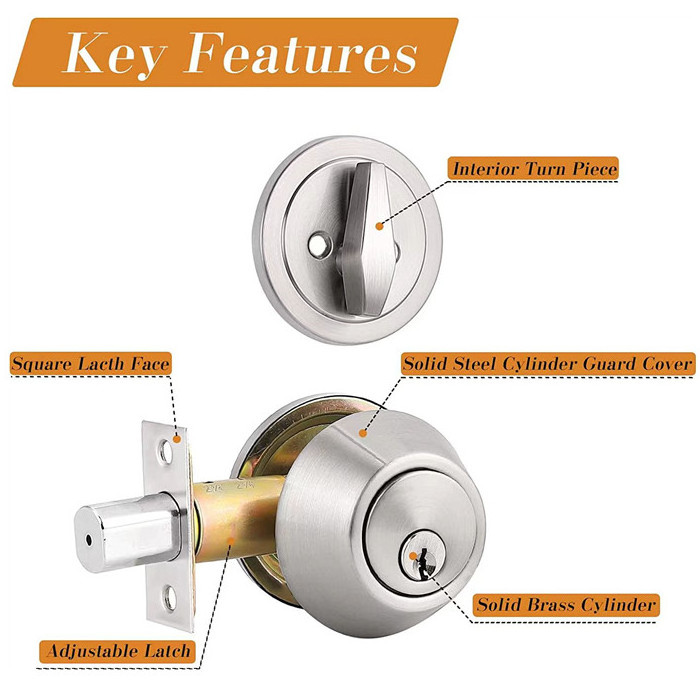 High Quality Brushed Satin Nickel round Deadbolt Lock One Side Keyed Cylinder Steel Door Lock for Wood Doors Knob Unlock Way