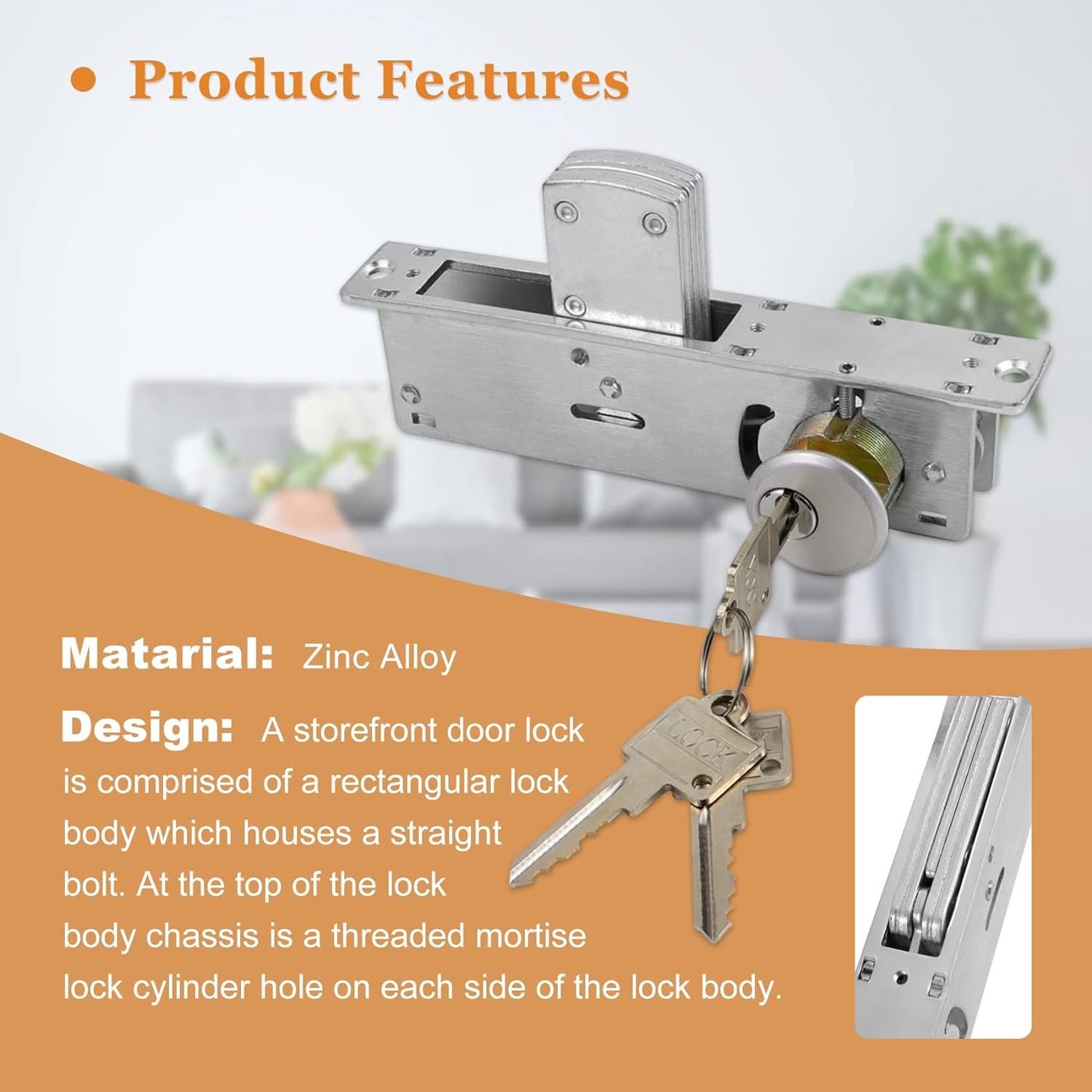 Storefront Door Mortise Lock Hook Deadbolt Aluminum Double Cylinder Deadbolt Lock Set for Storefront Entry Doors