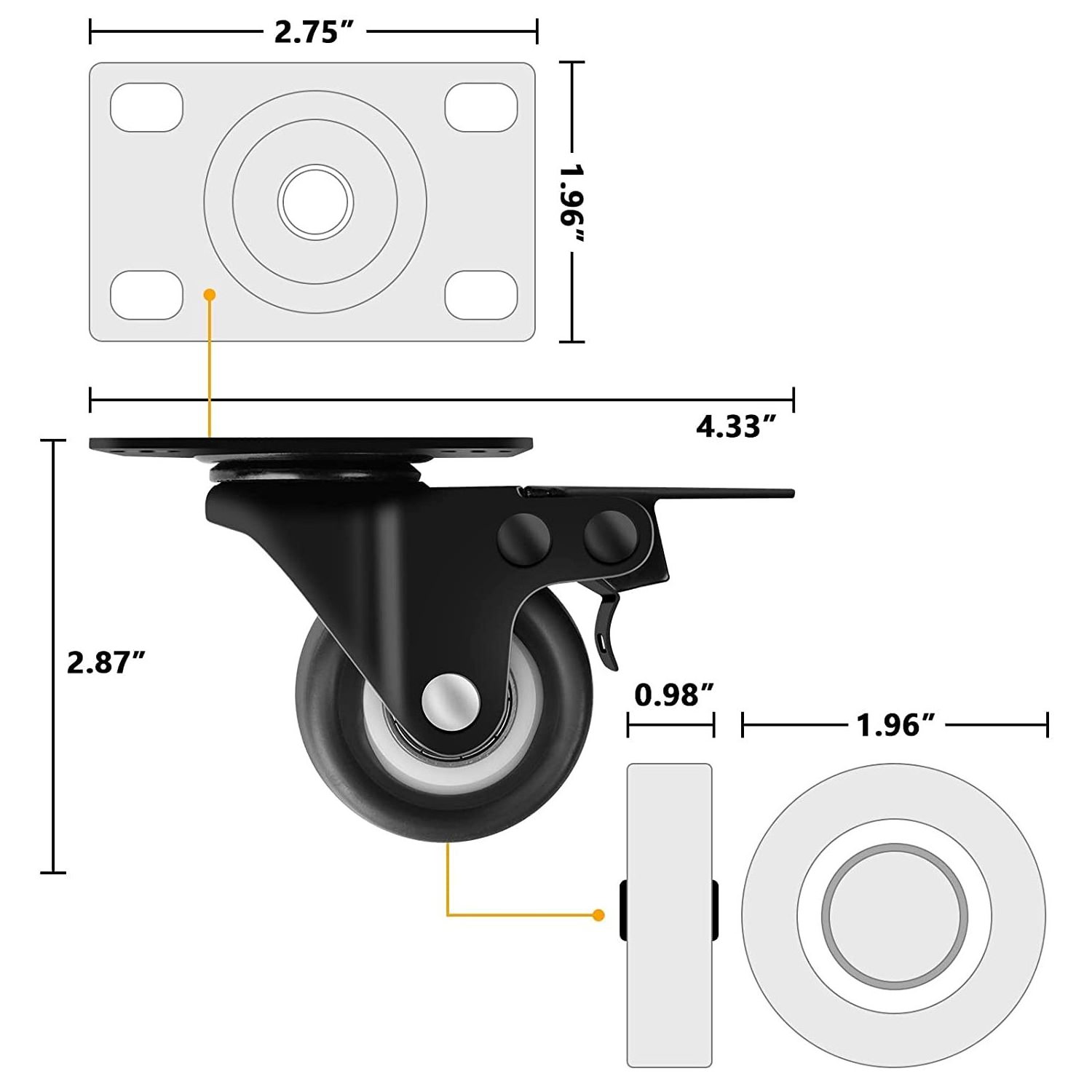 Heavy Duty Casters with Brake No Noise Locking Casters with Polyurethane (PU) Wheels, Swivel Plate Castors Pack of 4