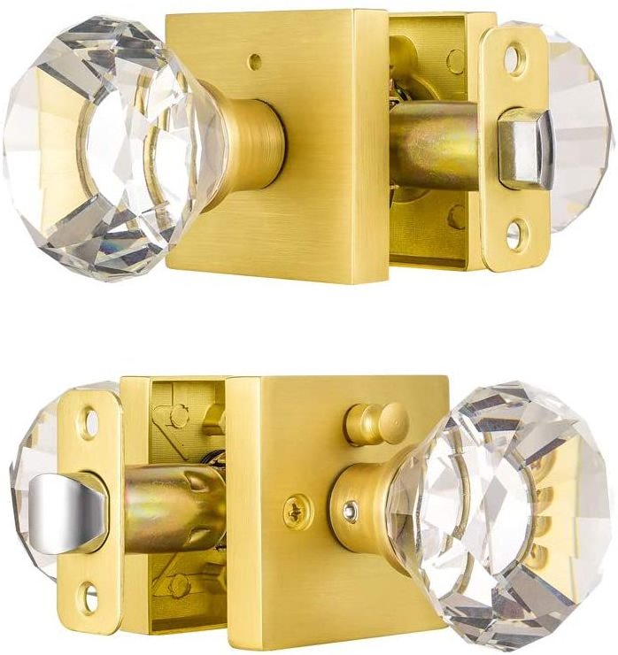 Satin Brass Bedroom and Bathroom Privacy Door Knobs Lock Interior Square Glass Crystal Door Knobs