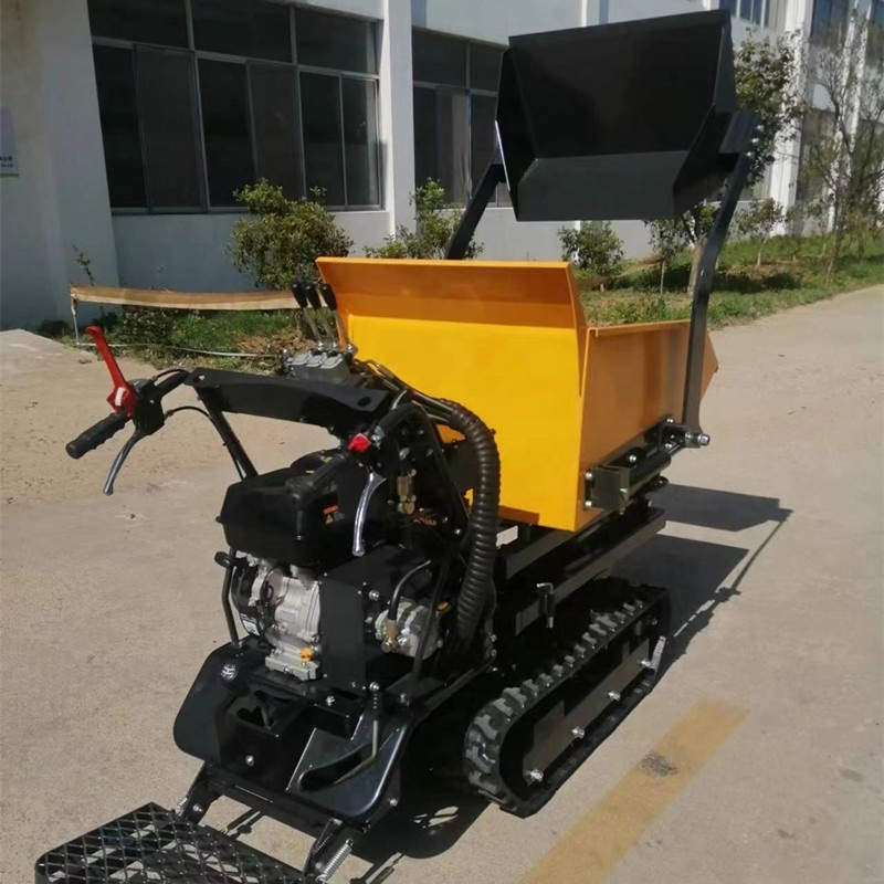 Manufacturers of small tracked transport vehicles: fully hydraulic hand operated dump trucks for transporting sand in orchards