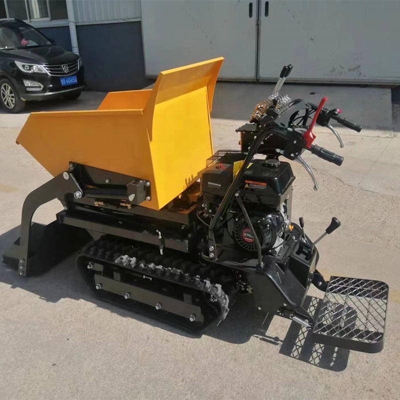 Manufacturers of small tracked transport vehicles: fully hydraulic hand operated dump trucks for transporting sand in orchards