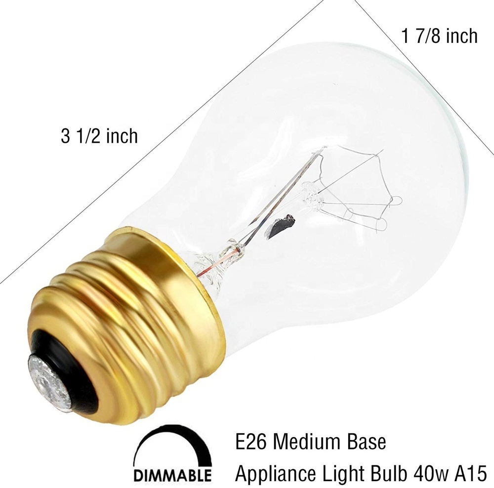 A15 Incandescent Light Bulb, 120V Appliance Bulb with E26 Medium Base, 40W High temperature resistant bulb for Oven & Microwave