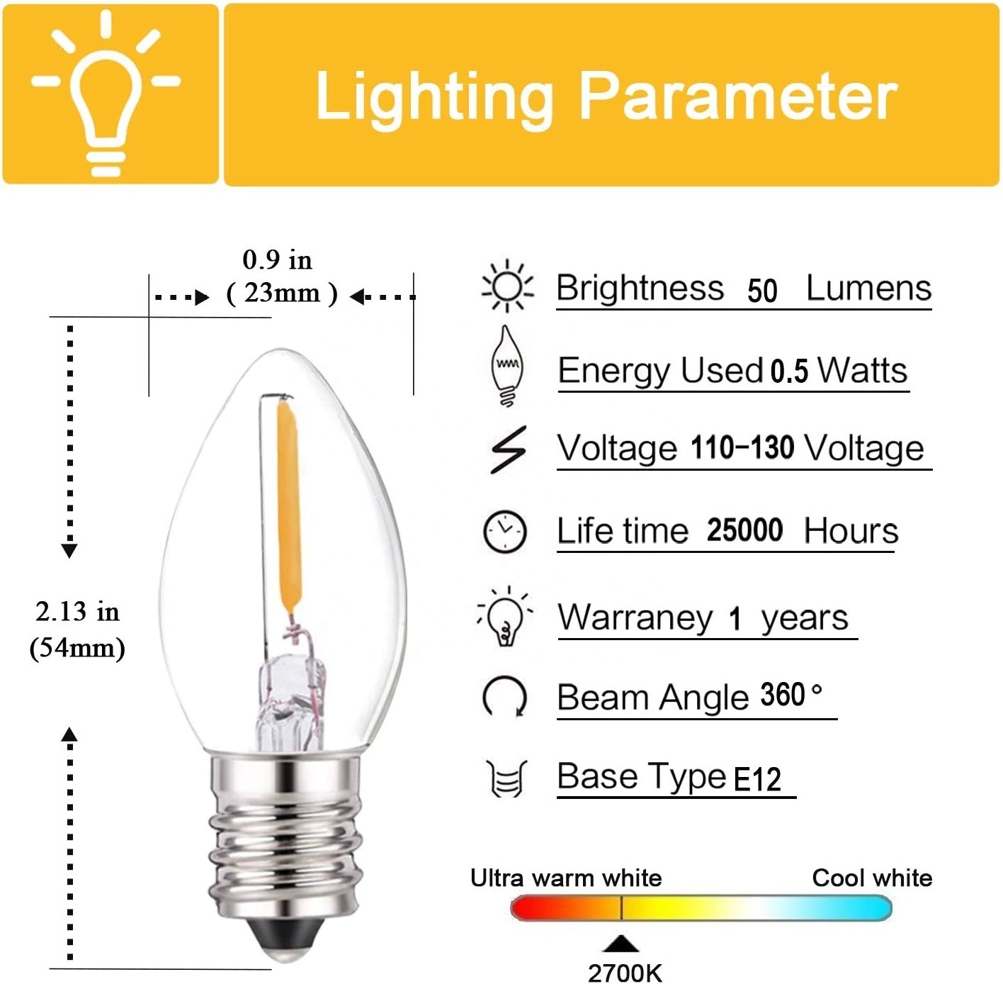 C7 LED Replacement Christmas Light Bulbs, E12 Candelabra 7 Watt Equivalent LED Night Light Bulb, 0.5W Warm White 2700K