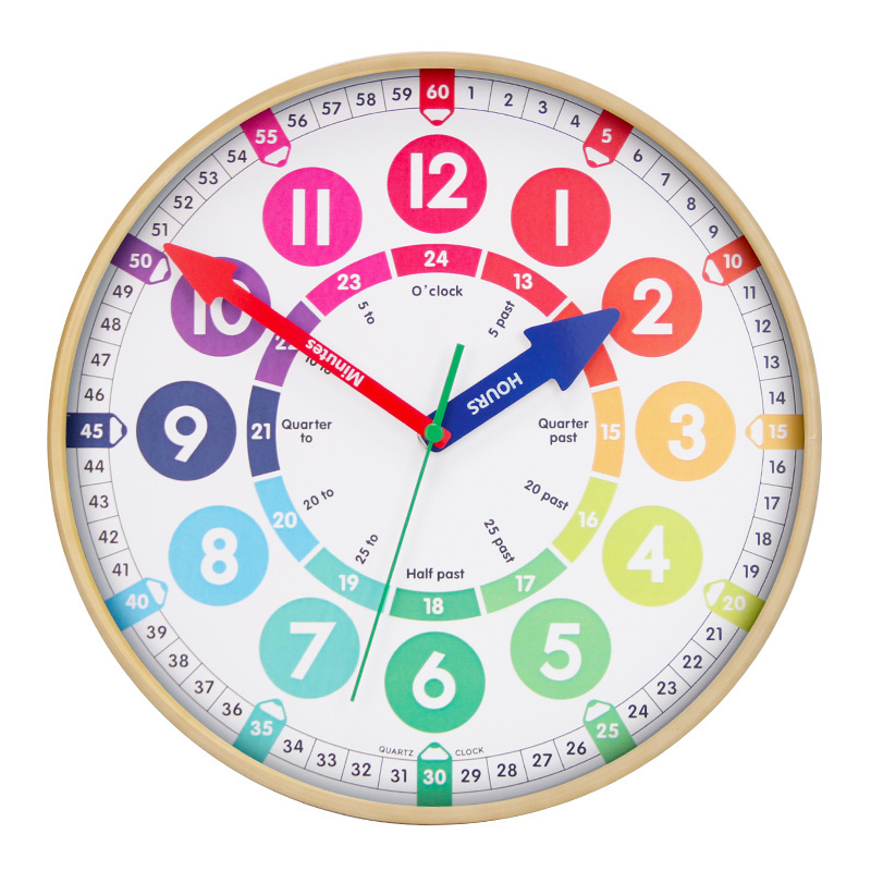 Colorful Learning Clock For Kids Study Children's Teaching Clock Plastic imitate Wooden Frame Silent Educate Wall Clock 12 Inch