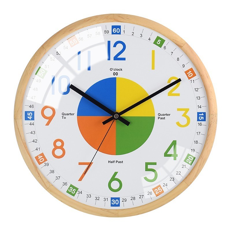 Colorful Learning Clock For Kids Study Children's Teaching Clock Plastic imitate Wooden Frame Silent Educate Wall Clock 12 Inch