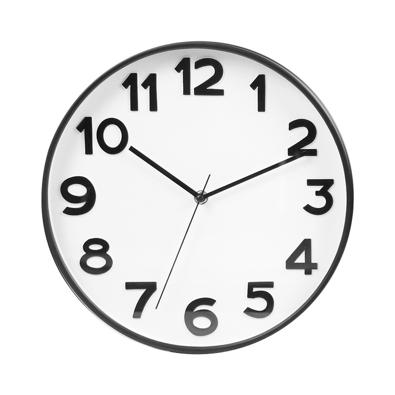 12 Inch Cheap Plastic Wall Clock With Black 3D Embossed Number White Dial Silent Modern Classic Quartz Custom Clocks wholesale