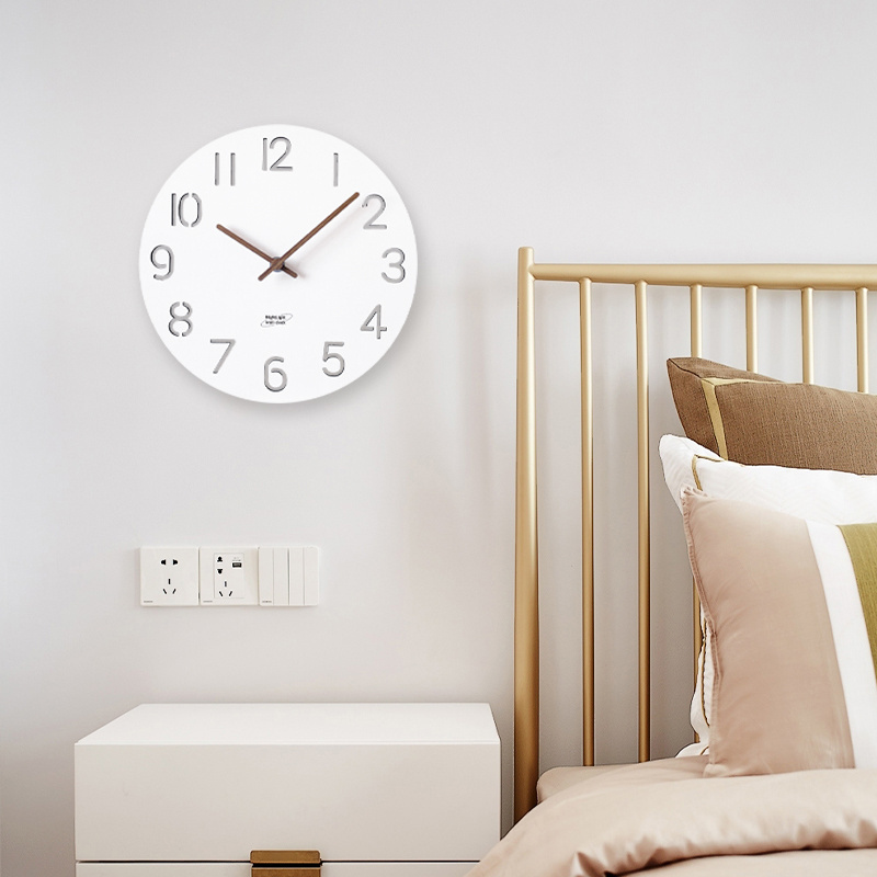 Modern Fashion Simple White Wall Clock With LED light  Home Decoration Round Mdf Wood Clocks Custom