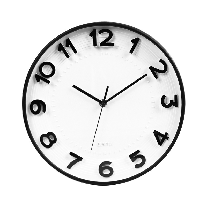 12 Inch Cheap Plastic Wall Clock With Black 3D Embossed Number White Dial Silent Modern Classic Quartz Custom Clocks wholesale