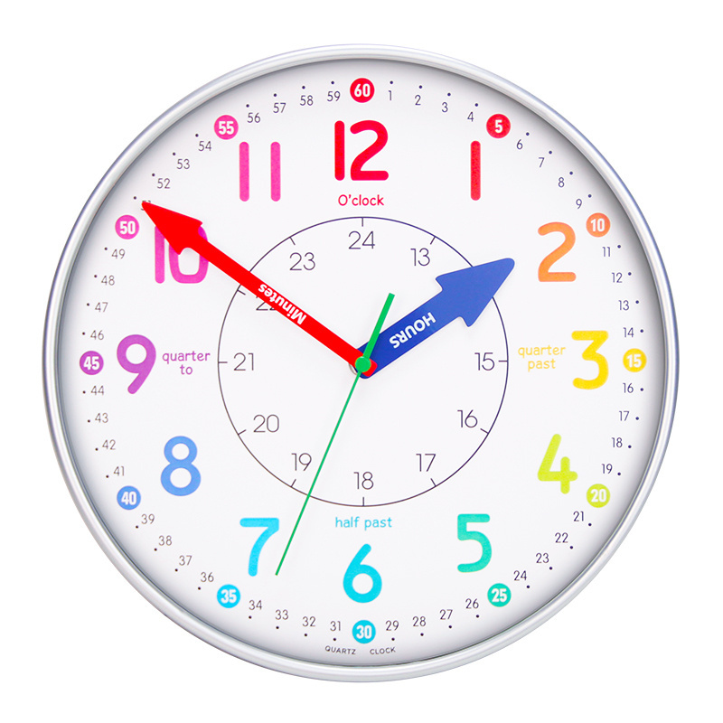 Colorful Learning Clock For Kids Study Children's Teaching Clock Plastic imitate Wooden Frame Silent Educate Wall Clock 12 Inch