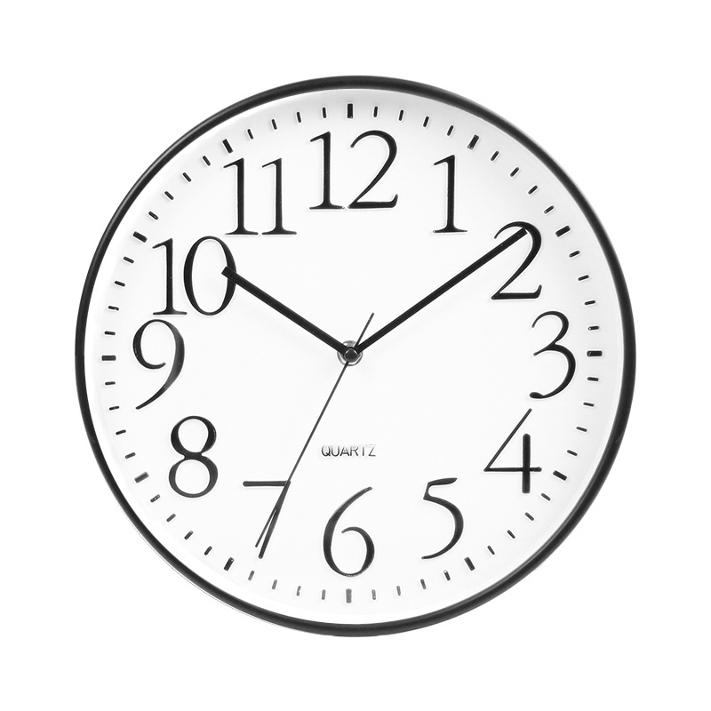 12 Inch Cheap Plastic Wall Clock With Black 3D Embossed Number White Dial Silent Modern Classic Quartz Custom Clocks wholesale