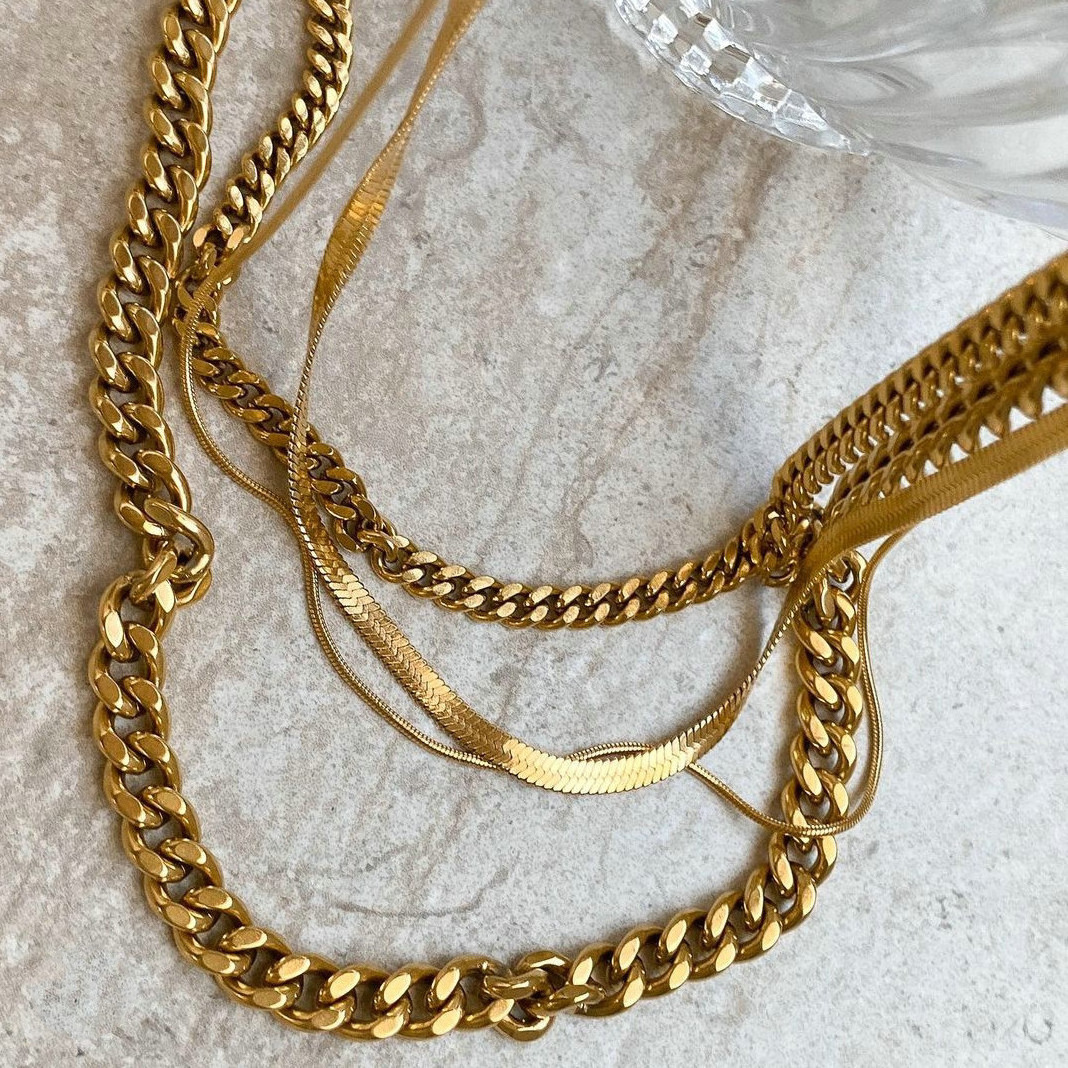 New 18K Gold IP Plated Stainless Steel Thick Cuban Link Chain Chunky Miami Double Layered Snake Chain Choker Necklace