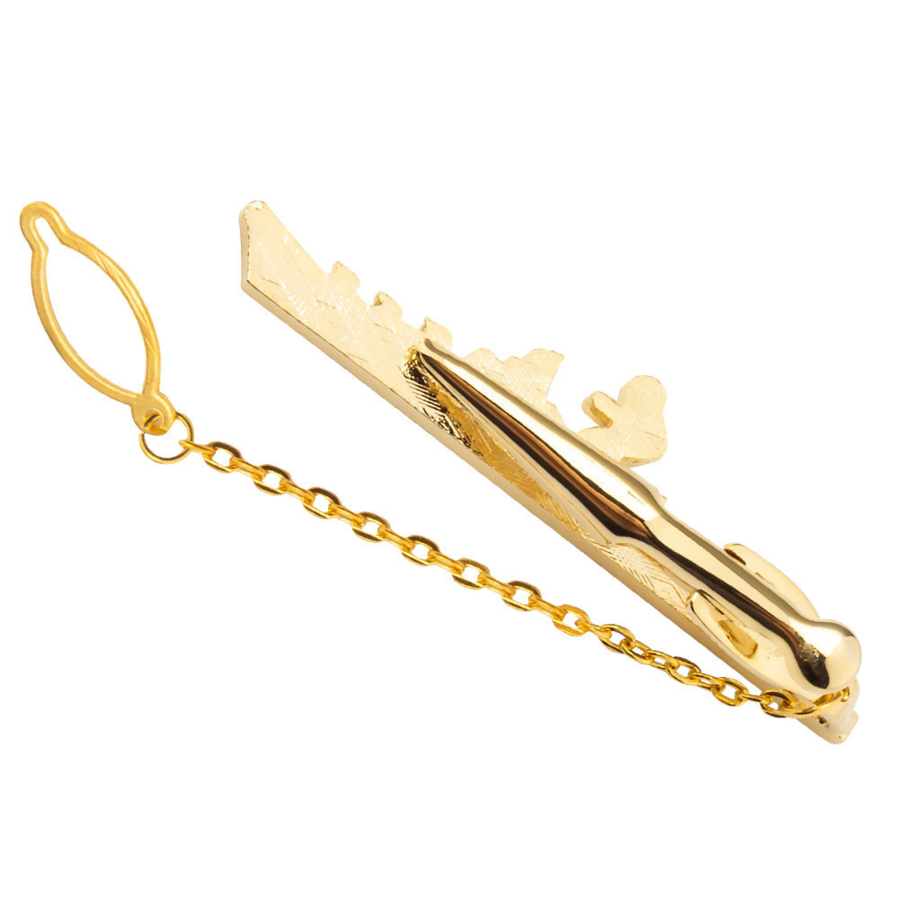 Custom Logo Gold Plated Metal Shell Ship Tie Bar Clip Metal Tie Clips with Chain for Men