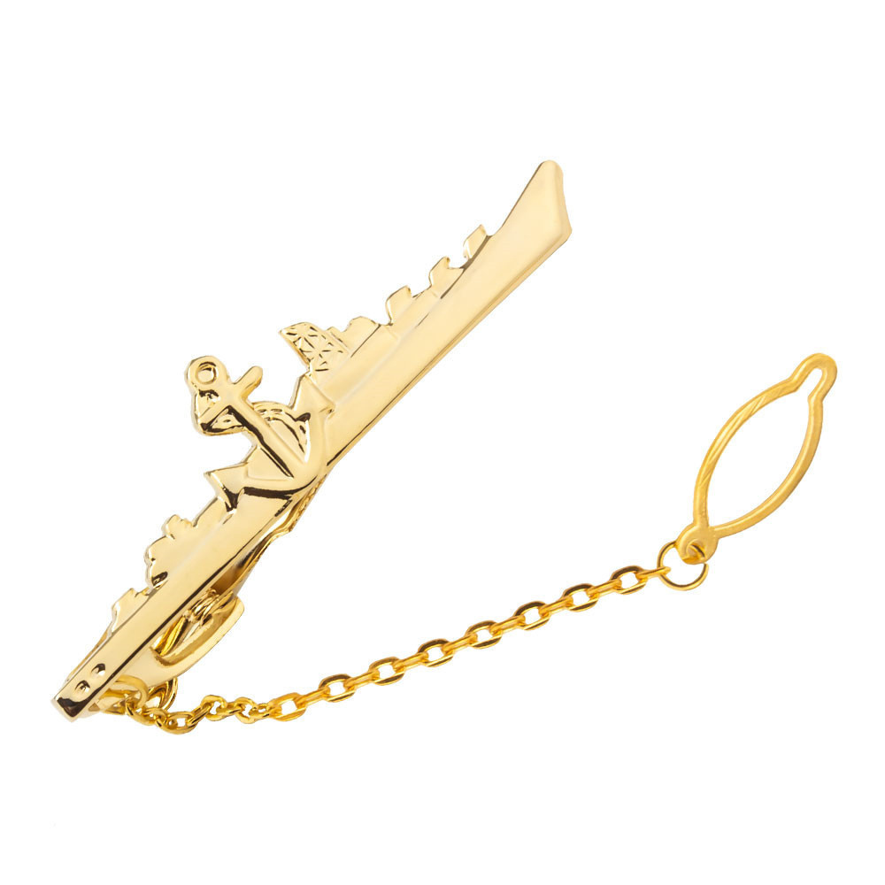 Custom Logo Gold Plated Metal Shell Ship Tie Bar Clip Metal Tie Clips with Chain for Men