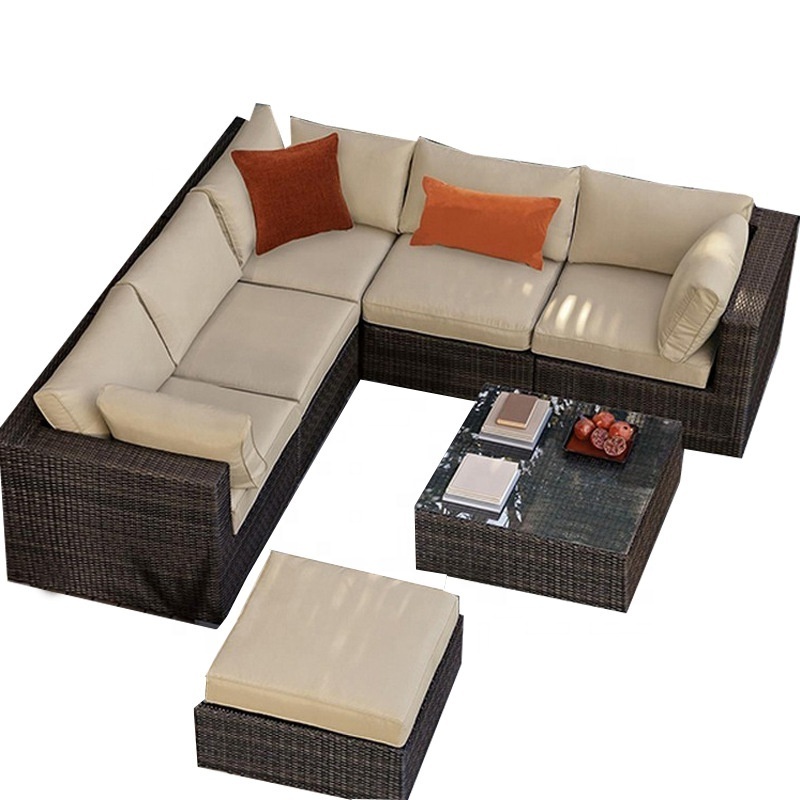 Customization Luxury Waterproof Garden Grey Rattan Hand Woven  L-shaped Outdoor Sofa Set Sectional