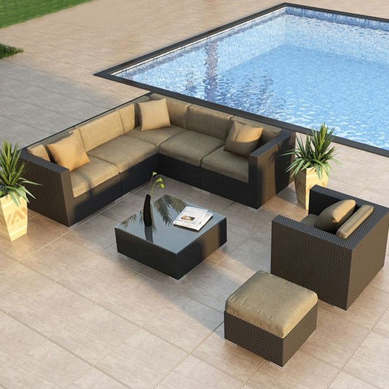 Customization Luxury Waterproof Garden Grey Rattan Hand Woven  L-shaped Outdoor Sofa Set Sectional