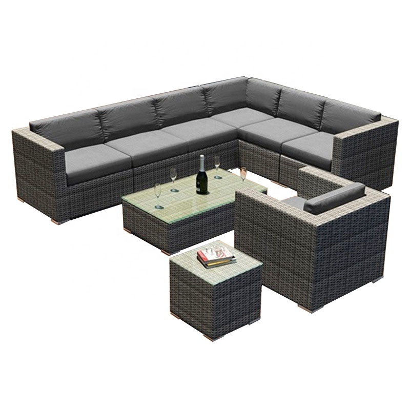 Customization Luxury Waterproof Garden Grey Rattan Hand Woven  L-shaped Outdoor Sofa Set Sectional