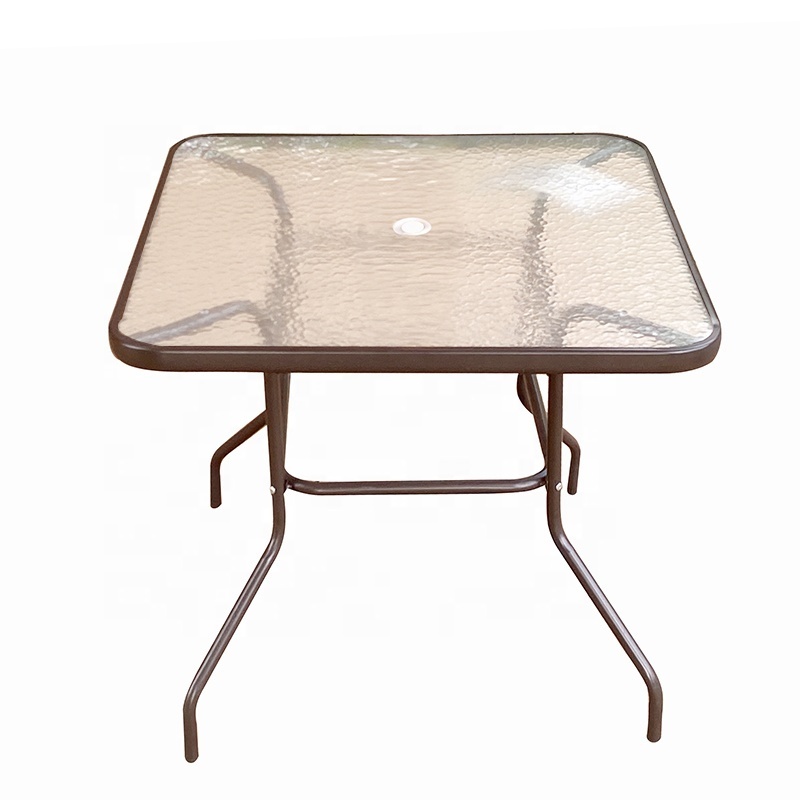 Factory Price Outdoor Garden Restaurant Cafe Metal Dining Table With Glass Top Umbrella Hole