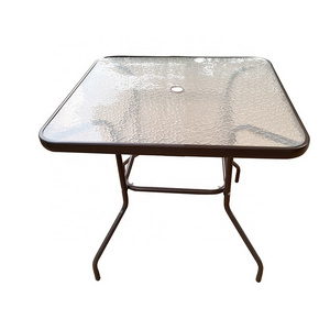 Factory Price Outdoor Garden Restaurant Cafe Metal Dining Table With Glass Top Umbrella Hole