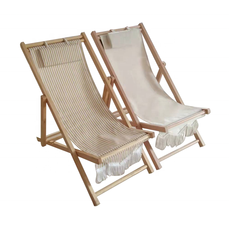 Outdoor Patio Furniture Deck Chair Garden Beech Wood Frame Macrame Fabric Folding Sun Loungers