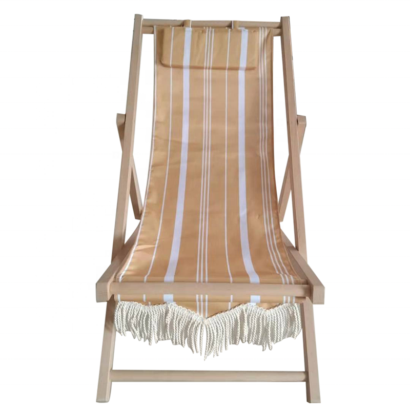 Outdoor Patio Furniture Deck Chair Garden Beech Wood Frame Macrame Fabric Folding Sun Loungers