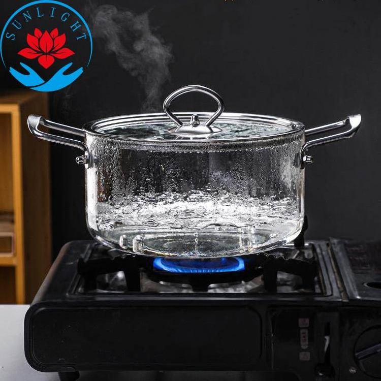 Factory Wholesale LFGB Bpa Free  Large Size High Borosilicate Clear Glass Cooking Pot with Stainless Steel Handle