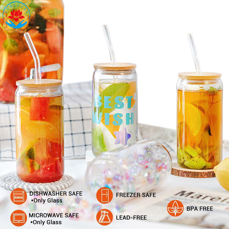 2023 Hot Sale   Kitchen & Tabletop  480ML  4pcs Safe Packing   Beer Can Glass 16oz  With Bamboo Lid And Glass Straw