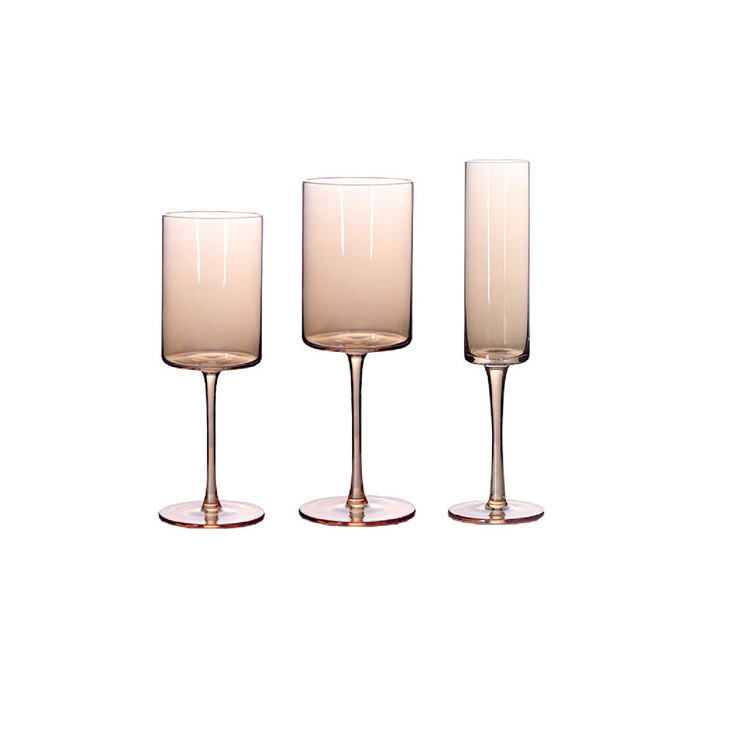 Factory Wholesale High Quality Hand-made Blown Crystal  Brown Wine Glasses Straight  Colored Glass Amber  Goblet