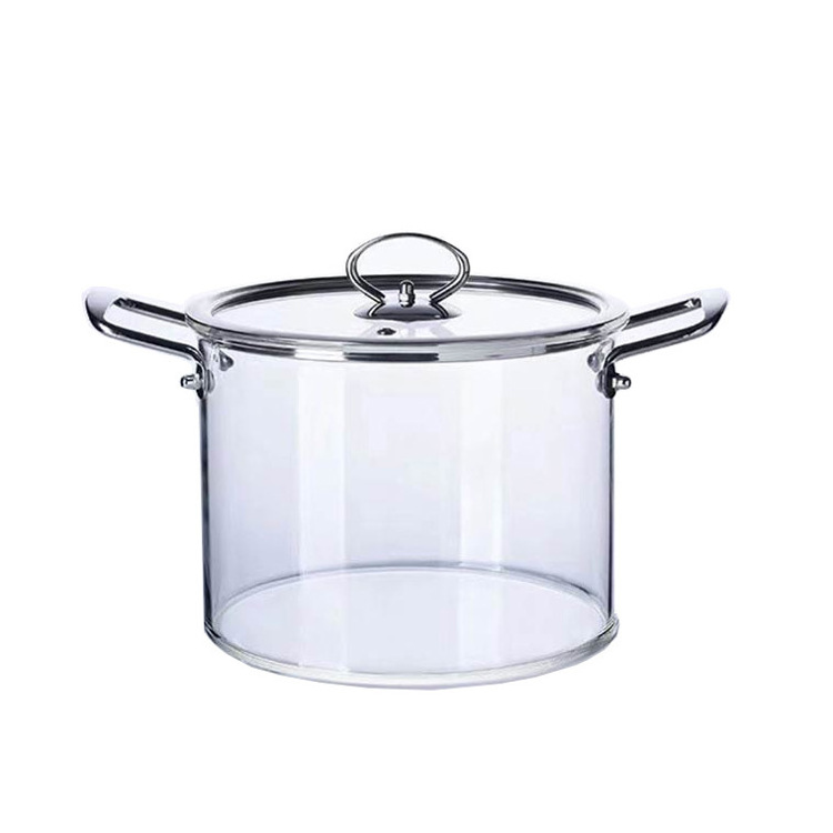 Factory Wholesale LFGB Bpa Free  Large Size High Borosilicate Clear Glass Cooking Pot with Stainless Steel Handle