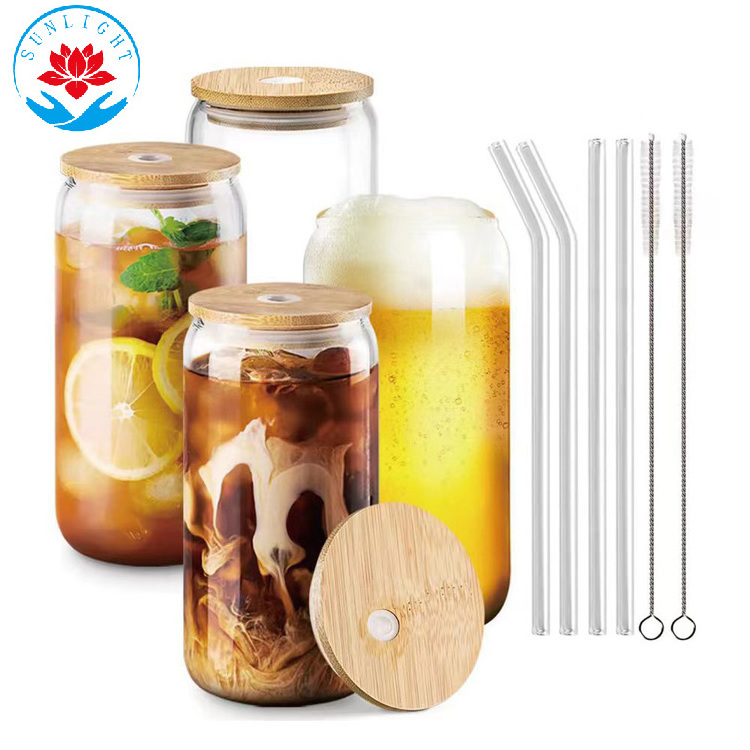 2023 Hot Sale   Kitchen & Tabletop  480ML  4pcs Safe Packing   Beer Can Glass 16oz  With Bamboo Lid And Glass Straw