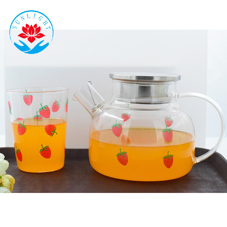 Factory  Price  Printed Strawberry Tea Pot And Cup Set,High Quality  Borosilicate Glass Kettle Tea Pot Set With Two Cup