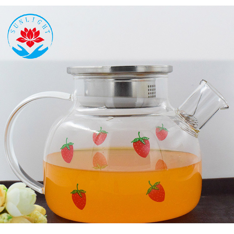 Factory  Price  Printed Strawberry Tea Pot And Cup Set,High Quality  Borosilicate Glass Kettle Tea Pot Set With Two Cup