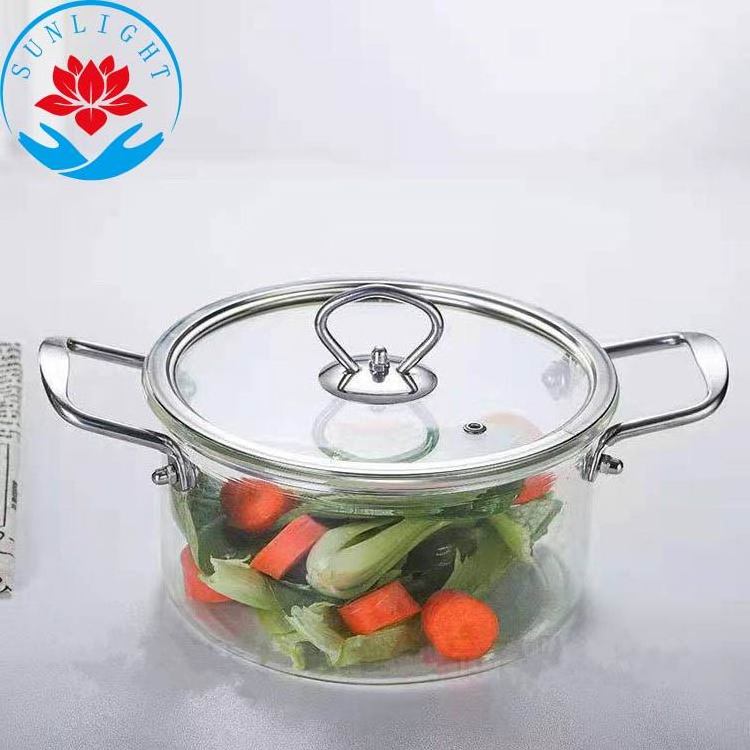 Factory Wholesale LFGB Bpa Free  Large Size High Borosilicate Clear Glass Cooking Pot with Stainless Steel Handle