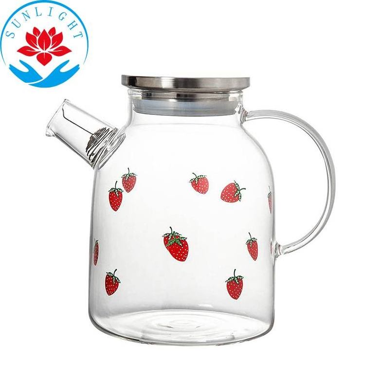 Factory  Hot Selling Glassware Printed Strawberry Glass Tea Pots &  Kettles,Borosilicate Glass Pitcher Drinking Water Jug Set