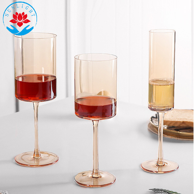 Factory Wholesale High Quality Hand-made Blown Crystal  Brown Wine Glasses Straight  Colored Glass Amber  Goblet