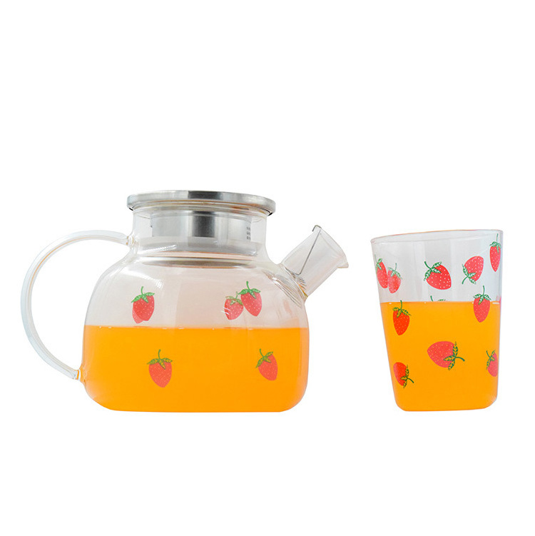 Factory  Price  Printed Strawberry Tea Pot And Cup Set,High Quality  Borosilicate Glass Kettle Tea Pot Set With Two Cup