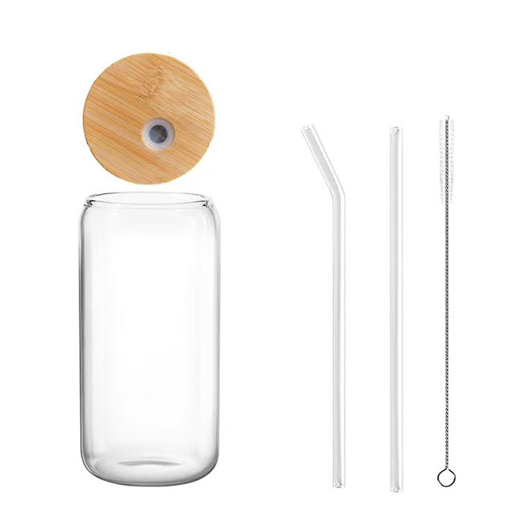 2023 Hot Sale   Kitchen & Tabletop  480ML  4pcs Safe Packing   Beer Can Glass 16oz  With Bamboo Lid And Glass Straw