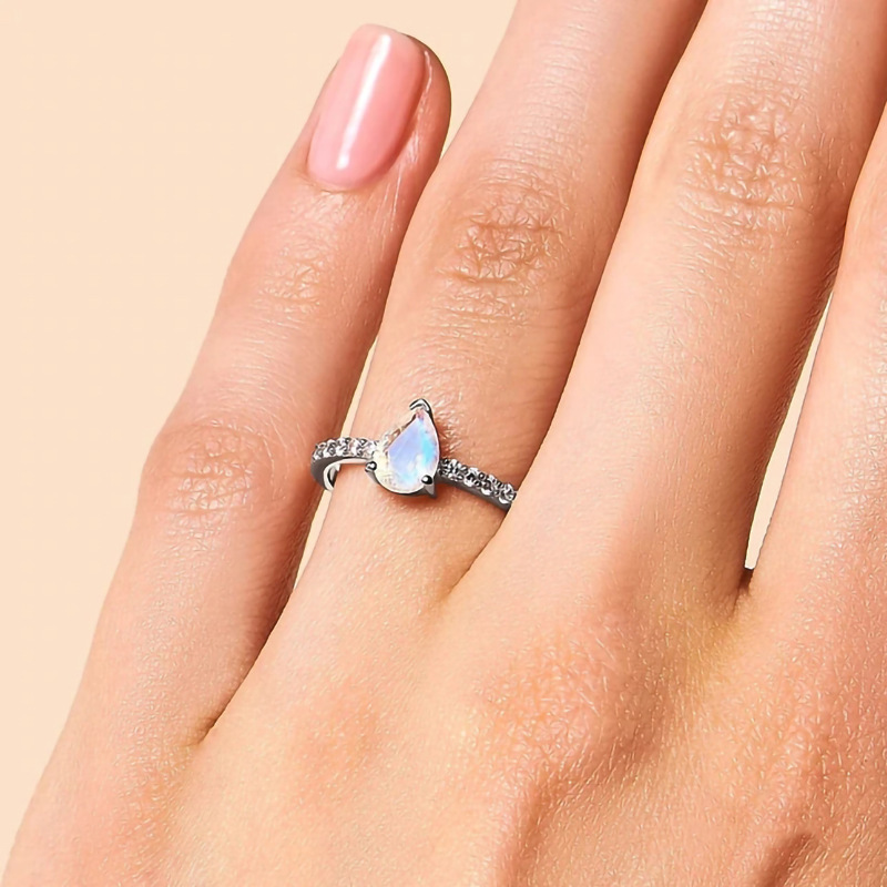 Fashion gemstone jewelry 925 sterling silver rainbow natural ring jewelry women raw moonstone ring sterling silver