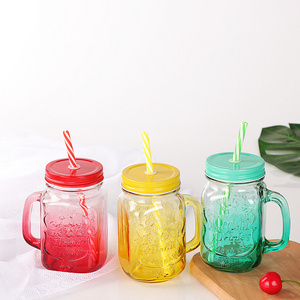 YXHT colorful square 16oz glass mason jar with handles 480ml  mason jar with straw