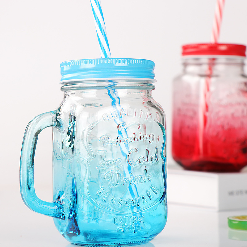 YXHT colorful square 16oz glass mason jar with handles 480ml  mason jar with straw