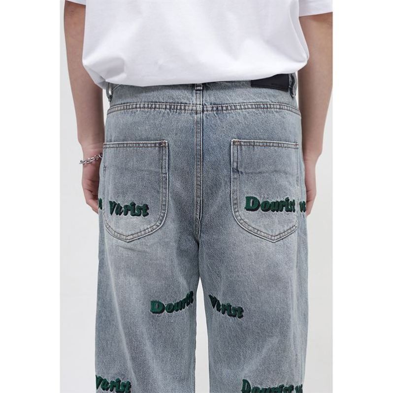 HKNZ  design Korean style baggy jeans for men denim trousert pants loose straight mid waist cotton letter men's designer jeans