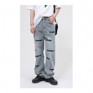 HKNZ  design Korean style baggy jeans for men denim trousert pants loose straight mid waist cotton letter men's designer jeans