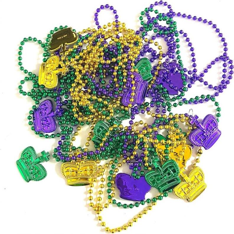 YYPD Mardi Gras Bead Necklaces with Crown Pendant Metallic Crown Mardi Gras Beads New Orleans Beads for Mardi Gras Party