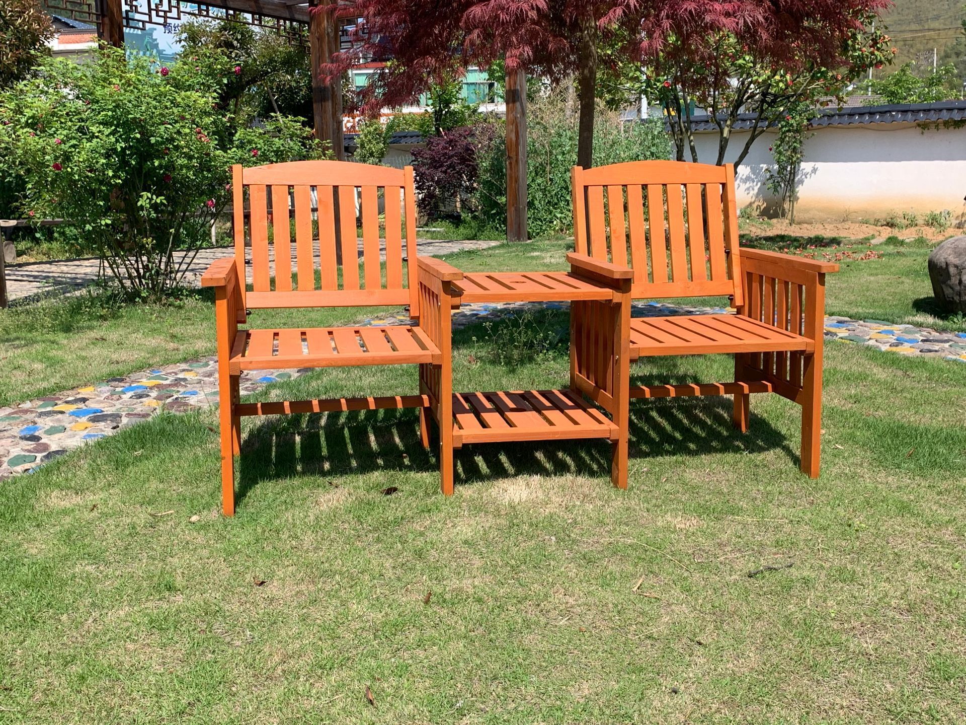 Garden Bench Wood New Product Modern Park Slatted Tete A Tete Bench Chair With Umbrella Hole For Outdoor