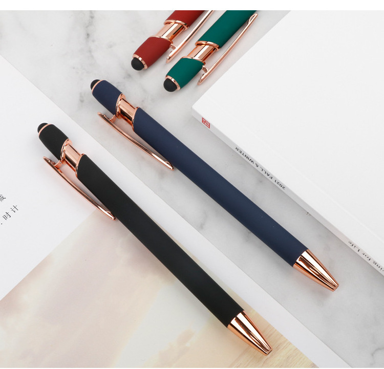 Promotional engrave Logo rubber ball pen stylus rose gold metal pen customized