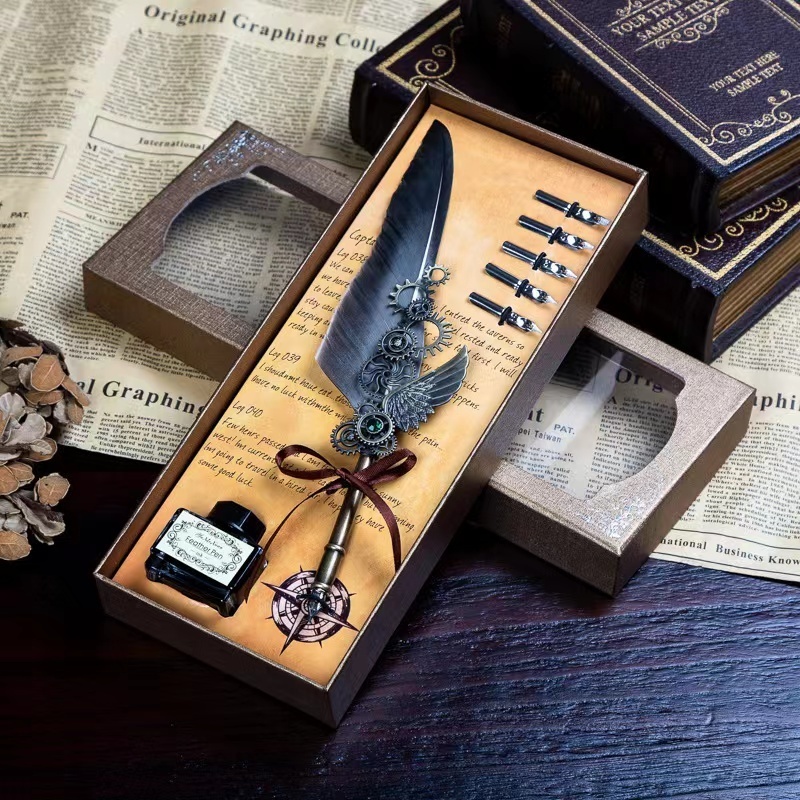 Customize feather dip pen gift set with replaceable nibs feather pen set dip feather fountain ink pen for gift