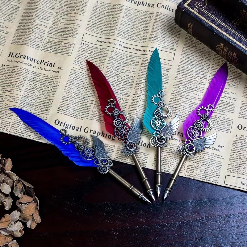 Customize feather dip pen gift set with replaceable nibs feather pen set dip feather fountain ink pen for gift