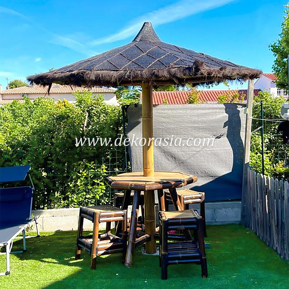 Bamboo Table with Umbrella for Home Garden, Bamboo Gazebo Tables, Bamboo Garden Decoration